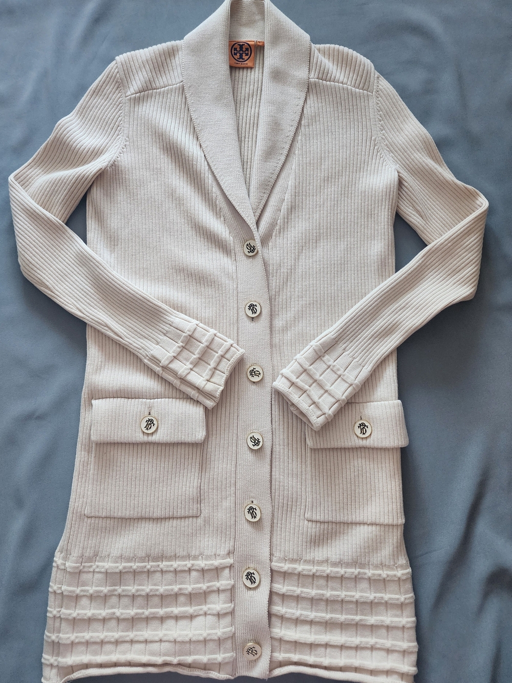Tory Burch Cream Ribbed Long Cardigan Sweater